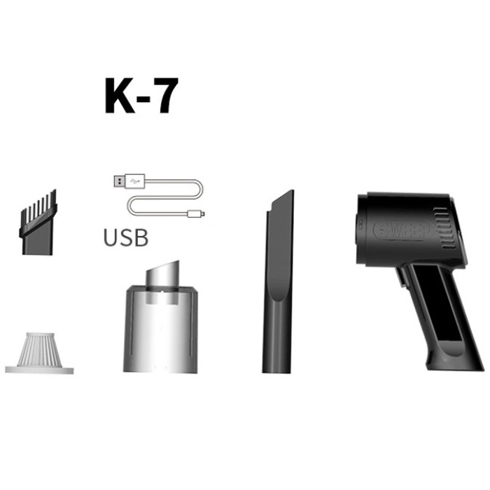 Aspirator Portabil Fara Fir, , Tip Pistol K7, Pentru Casa si Masina, Incarcare USB, Autonomie 30 Min, 36 x 17 cm, Negru