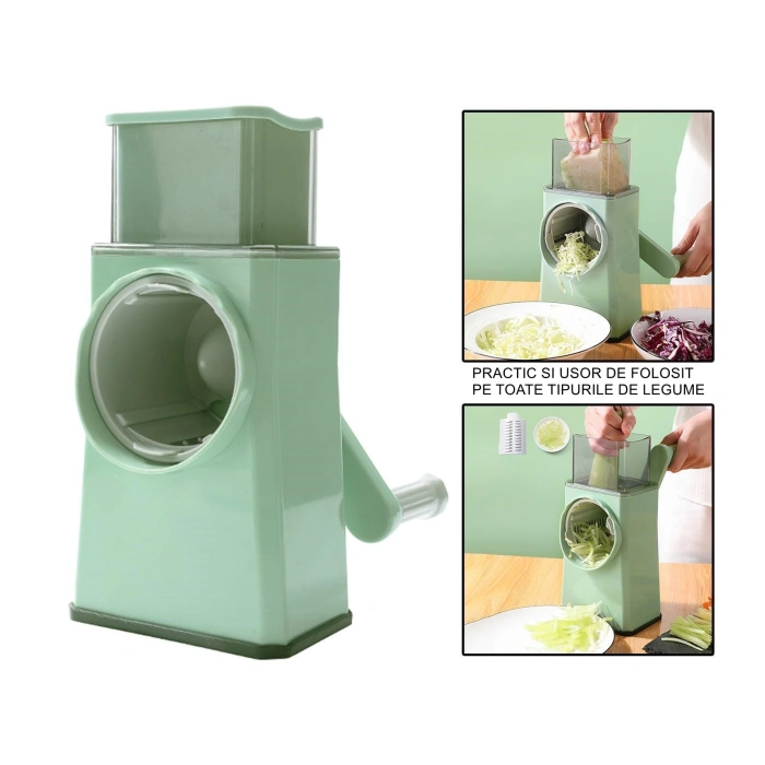 Feliator manual pentru legume , 3 lame din otel inxodabil, 3 tipuri de feliere, material carcasa ABS, latime maxima feliere 4 mm, baza de tip ventuza, usor si sigur de utilizat, 28.5 x 9,2 x 13.5 cm, verde