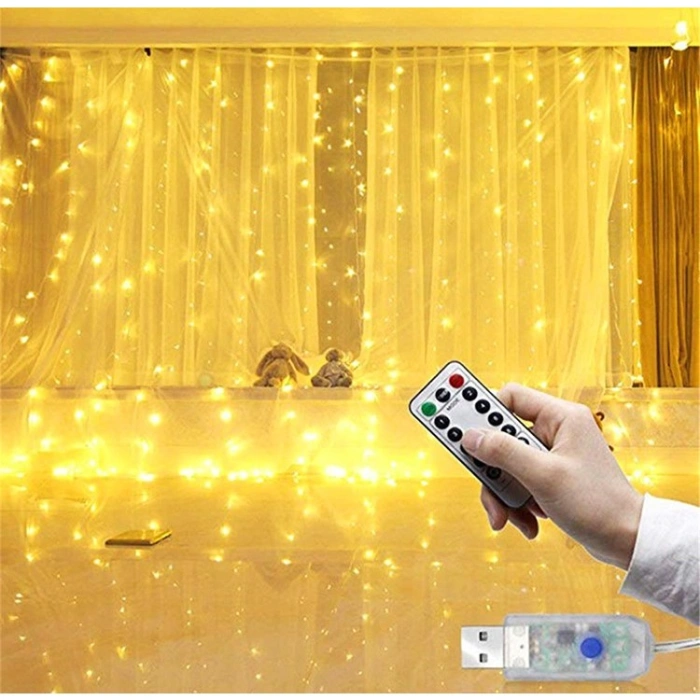 Instalatie Craciun, Tip Perdea IP44, 3m x 3m, 300 Led-uri, Alb cald, USB si telecomanda cu 8 functii, 