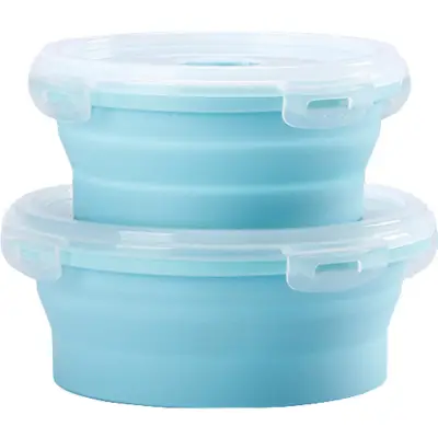 Set 2 caserole rotunde pliabile , din silicon, rezistenta la temperaturi ridicate, usor de depozitat si curatat, 500 si 800 ml, utilizare in cuptorul cu microunde, albastra