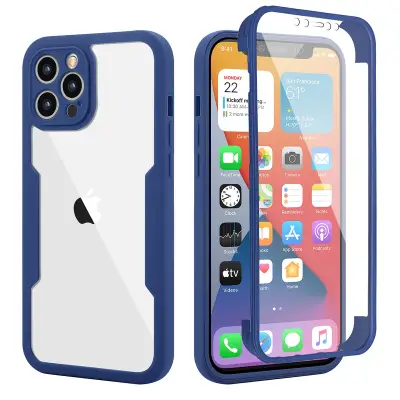 Husa Max Defence pentru iPhone 12 Pro Max, Bumper Albastru, Fata Dubla Transparenta, Protectie Antisoc Full 360 ( fata, spate, margini ), 