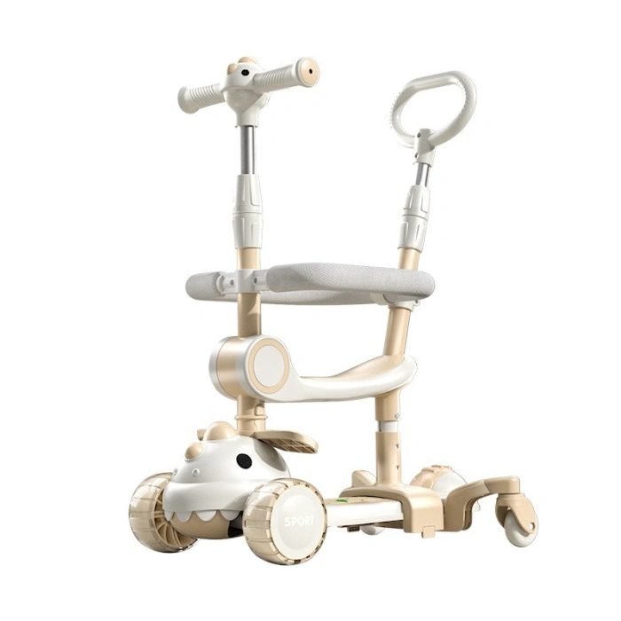 Trotineta Multifunctionala 6 in 1, , Pentru Copii De La 10 Luni Pana La 12 Ani, Cu Maner De Impingere, Reglabil 360, Pliere Usoara, Reglarea Inaltimii, Model Dinozaur, Alb/Bej