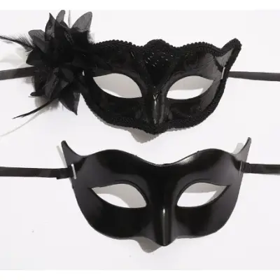 Set 2 Masti de Cuplu, , pentru Carnaval, Bal Mascat, Marime Universala, Model Floare Laterala si Margele, Model Clasic Fluture, Negru