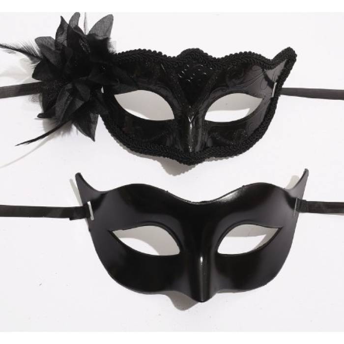 Set 2 Masti de Cuplu, , pentru Carnaval, Bal Mascat, Marime Universala, Model Floare Laterala si Margele, Model Clasic Fluture, Negru