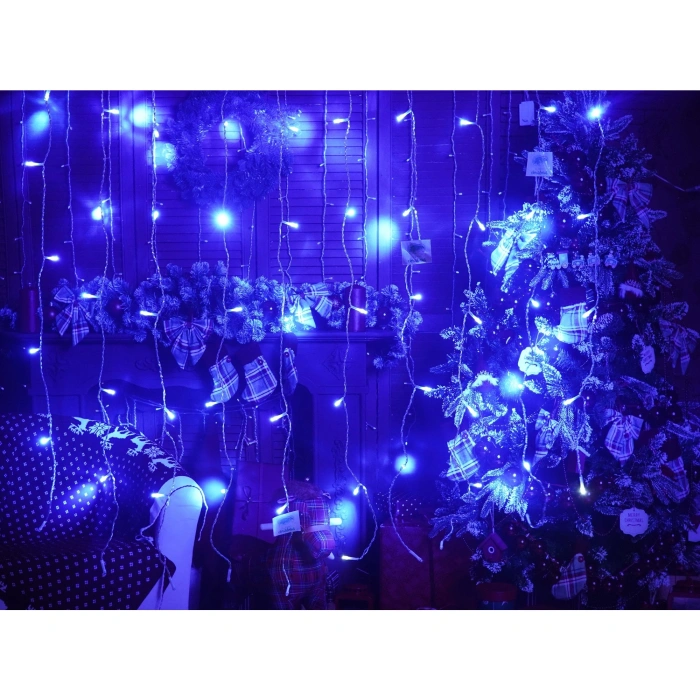 Instalatie Craciun, Tip Perdea, IP44, 2 m x 1 m, 120 LED-uri, Albastru, cu flash, Transformator, Interconectabila, Prelungitor 5 m inclus, Fir transparent, Interior/ Exterior, 