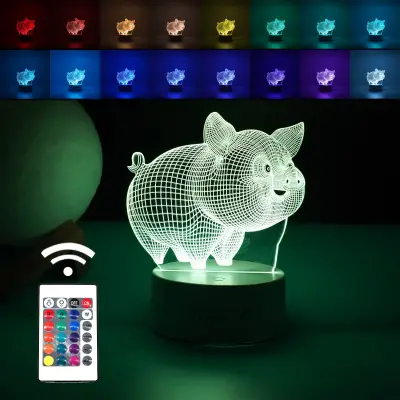Lampa LED decorativa, , 3D, Porcusor Gras, din material acril si lumina multicolora, alb