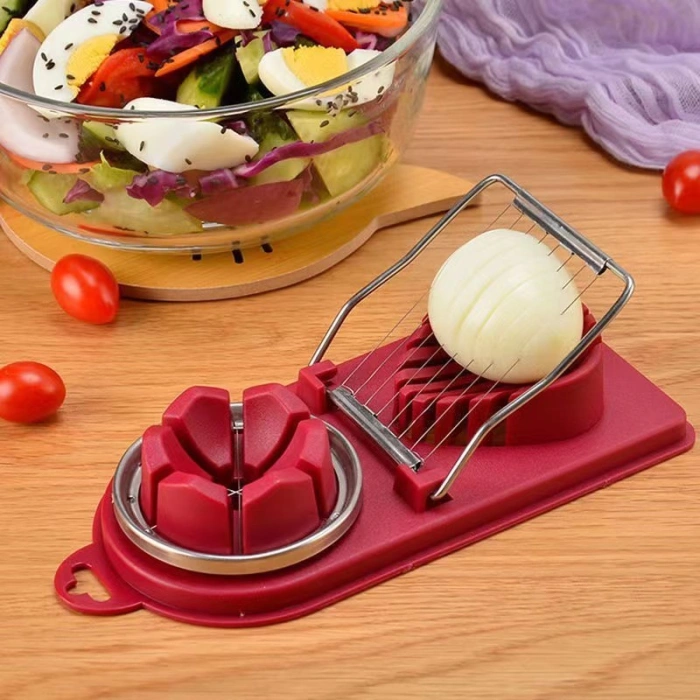 Feliator multifunctional  pentru oua, mozzarela, fructe, 2 forme de feliere, agatatoare, 20 cm, Visiniu