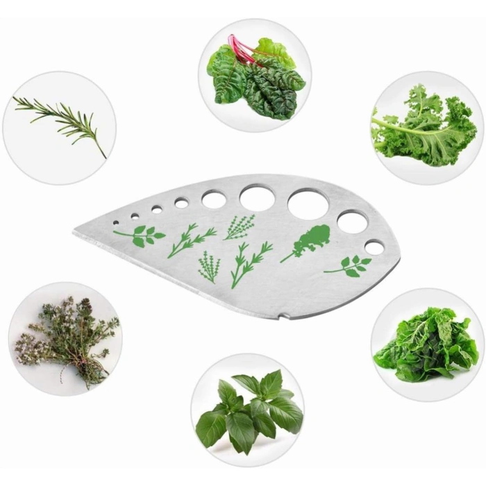 Tocator manual pentru ierburi , instrument de curatat frunze, margini ascutie, 9 gauri de diferite dimensiuni, multifunctional, material otel inoxidabil, maner ergonomic, rezistent la rugina, 12.3 x 6.9 cm, argintiu