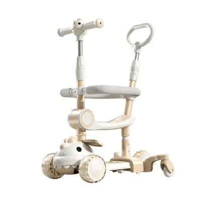 Trotineta Multifunctionala 6 in 1, , Pentru Copii De La 10 Luni Pana La 12 Ani, Cu Maner De Impingere, Reglabil 360, Pliere Usoara, Reglarea Inaltimii, Model Dinozaur, Alb/Bej