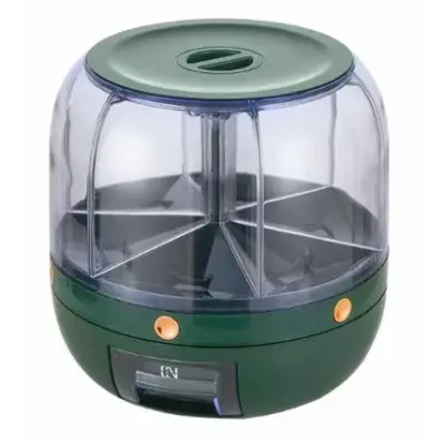 Dozator de cereale , rotativ 360, 6 compartimente, capacitate 6 L, rezistent la umezeala, inchidere etansa, verde