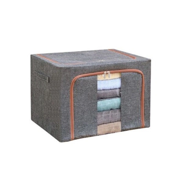 Cutie de Depozitare Pliabila, , 66 L, din Bumbac si In, 50x40x33 cm, Fereastra Frontala, 2 Usi de Acces cu Fermoar Bidirectional, Cadru Metalic, Suport Baza Stabil din Plastic, Gri
