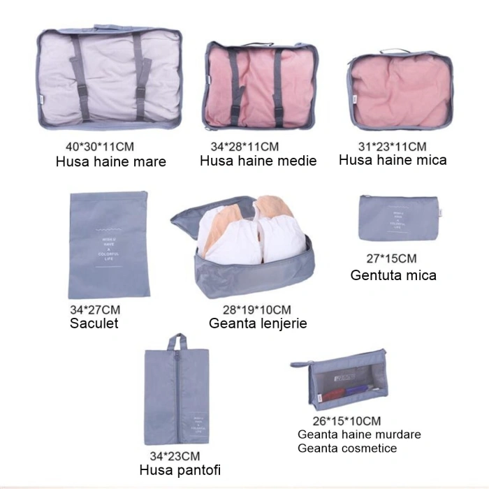Set 8 huse organizare bagaj , material poliester, impermeabil, cu fermoar, pentru calatorii sau dulap, sac pentru pantofi inclus, pliabil, gri