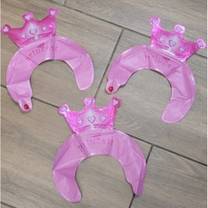 Balon din Folie Metalizata, , Tip Coronita cu Urechi, Model Coronita de Printesa, Ambalaj Individual, Pai Inclus, Umflare cu Aer sau Heliu, 30 x 27 cm, Roz