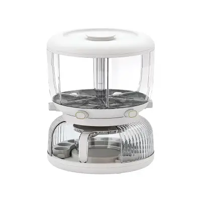 Dozator etajat de cereale , rotativ 360, 6 compartimente, capacitate 10L, cofrag special pentru oua, vas pentru scurgerea cerealelor, 35x27.5 cm, alb