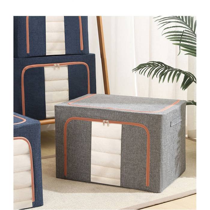 Cutie de Depozitare Pliabila, , 66 L, din Bumbac si In, 50x40x33 cm, Fereastra Frontala, 2 Usi de Acces cu Fermoar Bidirectional, Cadru Metalic, Suport Baza Stabil din Plastic, Gri