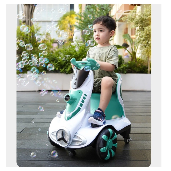 Masinuta electrica cu telecomanda pentru copii, , roti spate rotire 360, curea siguranta, baloane de sapun, lumini si sunete, self control si prin telecomanda, cu pedale de acceleratie si frana, verde