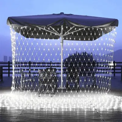 Instalatie Craciun, Tip Plasa, IP 44, 12 x 1 m, 640 LED-uri, Alb rece, 8 jocuri de lumini, Transformator fara telecomanda, Interconectabila, Prelungitor 3 m inclus, Fir transparent, 