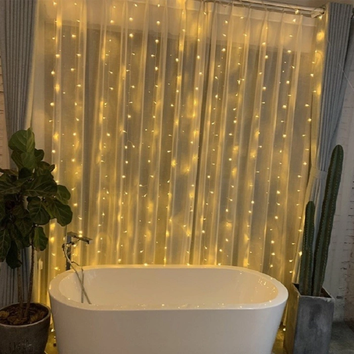 Instalatie Craciun, Tip Perdea, IP44, 3 m x 1 m, 180 LED-uri, Alb cald, 8 jocuri de lumini, Transformator cu telecomanda, Interconectabila, Prelungitor 3 m inclus, Fir transparent, Interior/ Exterior, 