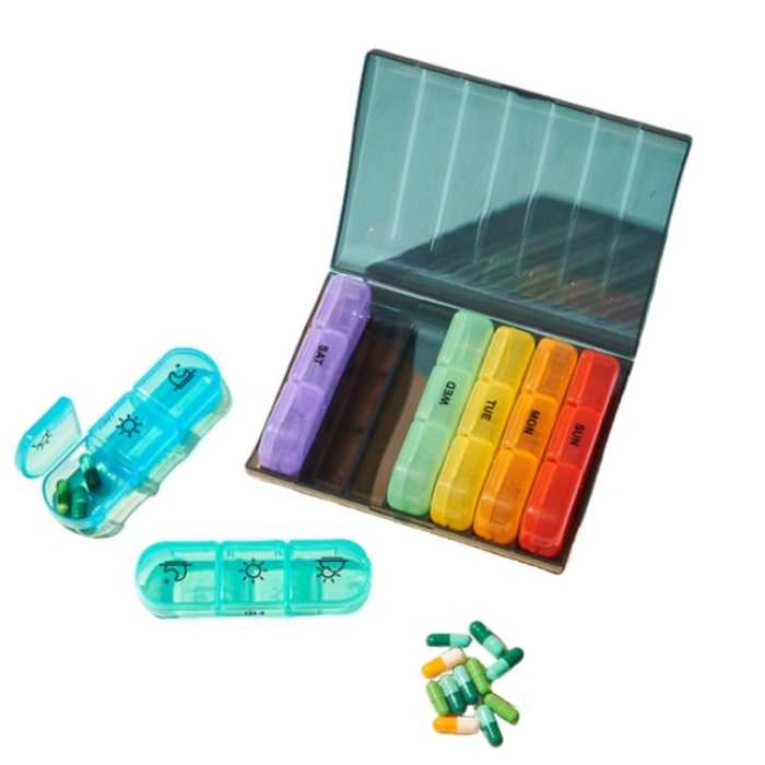Cutie Depozitare Medicamente, , 7 Zile, 21 Compartimente, Cutie Suport, Recipiente Detasabile, Portabila, Recipiente Colorate, Cutie Neagra, 15.6x12 cm