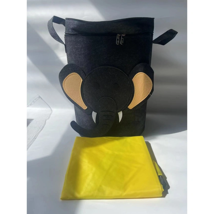 Cutie de Depozitare 2In1, , Impermeabila, Covor pentru Jucarii si Lego 150cm, Capacitate Mare, cu Manere, cu Sfori, Inaltime 40cm, Model Elefan, Gri