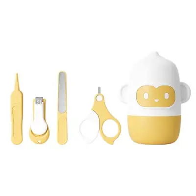 Set 4 Piese Ingrijire Unghii Bebelusi, , din ABS+Otel Inoxidabil, Cutie de Depozitare Tip Maimuta, de la 0 Luni, Galben