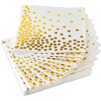 Set 20 de Servetele de Masa, , Imprimeu cu Buline Aurii, din Hartie, 17 x 17 cm, Alb