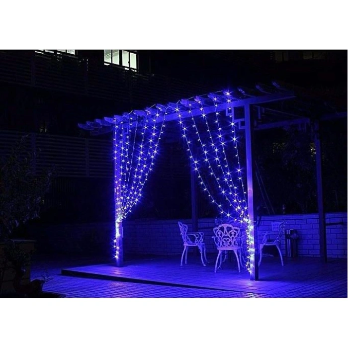 Instalatie Craciun, Tip Perdea, IP44, 2 m x 1 m, 120 LED-uri, Albastru, cu flash, Transformator, Interconectabila, Prelungitor 5 m inclus, Fir transparent, Interior/ Exterior, 