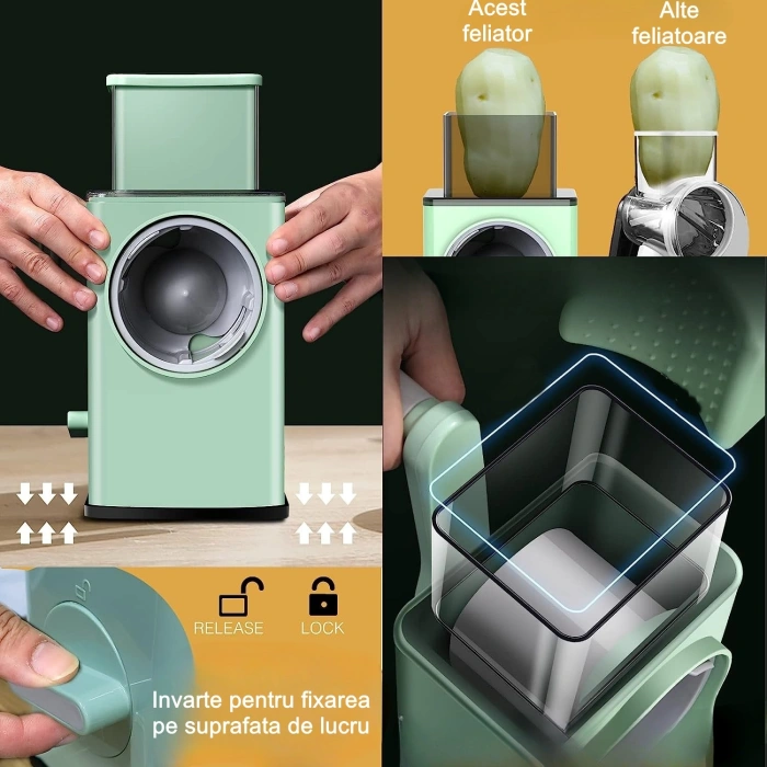 Feliator manual pentru legume , 3 lame din otel inxodabil, 3 tipuri de feliere, material carcasa ABS, latime maxima feliere 4 mm, baza de tip ventuza, usor si sigur de utilizat, 28.5 x 9,2 x 13.5 cm, verde