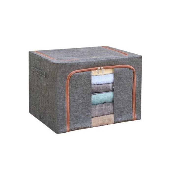 Cutie de Depozitare Pliabila, , 24 L, din Bumbac si In, 40x30x20 cm, Fereastra Frontala, 2 Usi de Acces cu Fermoar Bidirectional, Cadru Metalic, Suport Baza Stabil din Plastic, Gri