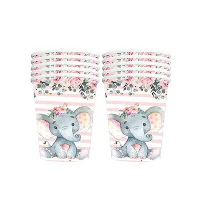 Set 10 Pahare, , Imprimeu Elefant, din Carton, 7.5 x 8.5 cm, Roz