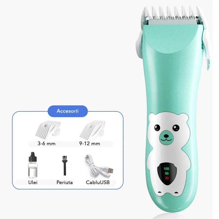 Masina De Tuns Bebelusi si Copii, , Display Digital, Lame Cermice si Inox, Fara Fir, Functie Anti Taiere, Silentios, 50 W, Rezistent la Apa, 2 Accesorii, Incarcator USB, Model Ursulet, Verde