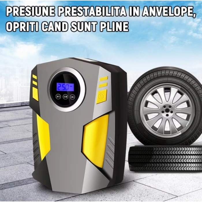 Compresor Auto Portabil cu Lanterna si Afisaj Electornic , DC 12V, 120W, 35L/min, Cablu de alimentare 3m, Pompa Biciclete, Moto, Mingi, Saltele, Max 10.3bar, lumina LED, Negru