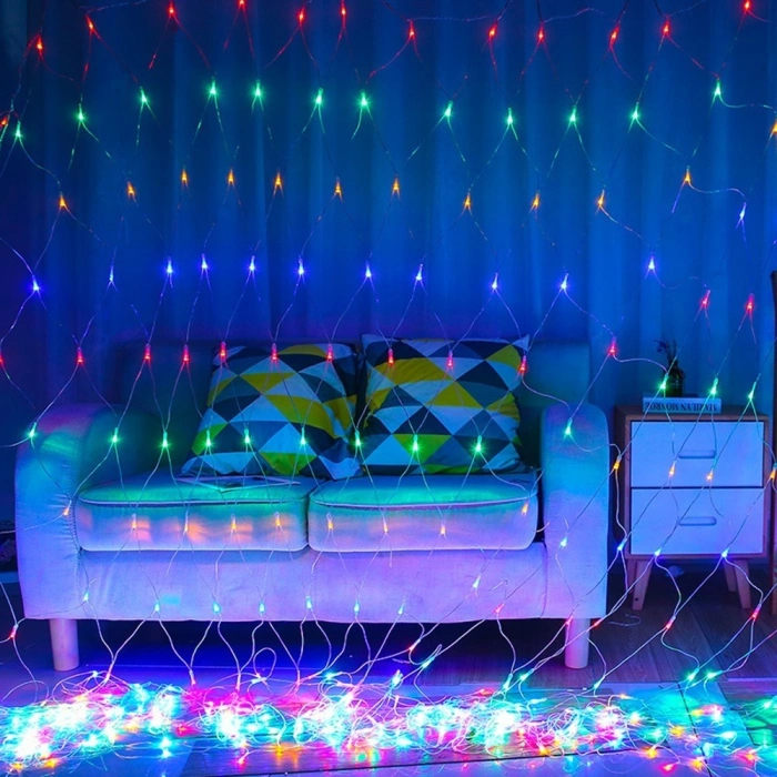 Instalatie Craciun, Tip Plasa, 8 m x 2 m, 640 LED-uri, Multicolor, 8 jocuri de lumini, Transformator cu telecomanda, Interconectabila, Prelungitor 5 m inclus, Fir transparent, 