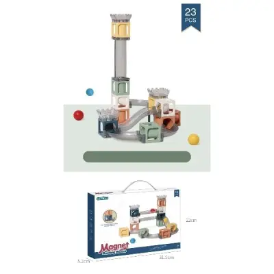 Set piese magnetice de constructie, , Cu tobogane si bile, 23 piese, Multicolor