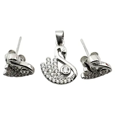 Set Pandativ cu Cercei pentru Dama, Jolie, Argint 925, Model Lebada cu Pietre, 2.7g, 1 cm x 1 cm, Argintiu