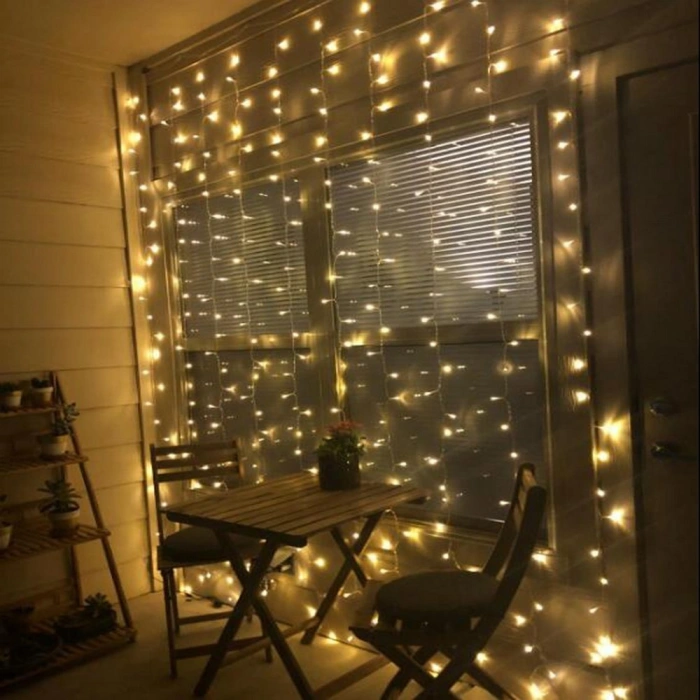 Instalatie Craciun, Tip Perdea, IP44, 3 m x 1 m, 180 LED-uri, Alb cald, 8 jocuri de lumini, Transformator cu telecomanda, Interconectabila, Prelungitor 3 m inclus, Fir transparent, Interior/ Exterior, 