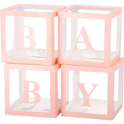 Set 4 Cutii pentru Baloane, , Model Scris Baby, Tematica Iubire, Cuburi Decorative din Plastic, Accesorii pentru Petrecere, 30 x30 cm, Transparente Contur Roz