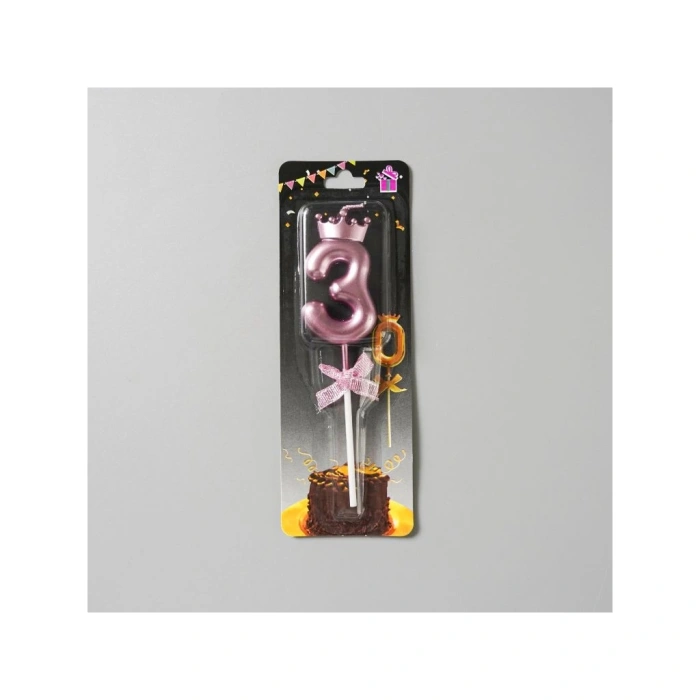 Lumanare Cifra 3, , Model Coroana cu Fundita, Pentru Tort, 6 x 2.5 cm Mov