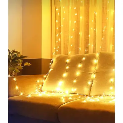 Instalatie Craciun, Tip Perdea IP44, 3m x 3m, 300 Led-uri, Alb cald, USB si telecomanda cu 8 functii, 