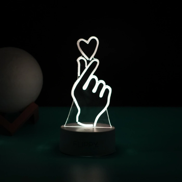 Lampa LED decorativa, , 3D, Mana si Inima, din material acril si lumina multicolora, alb