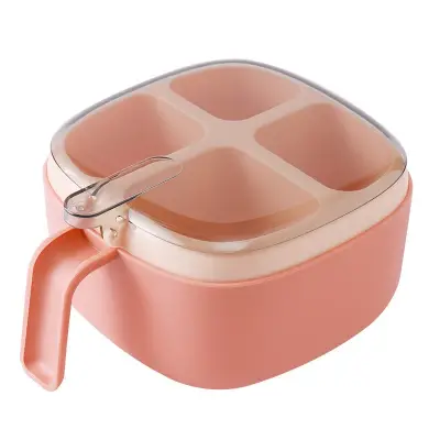 Recipient pentru condimente , 4 casute, potrivit pentru sare, cimbru, piper, condimente, 4 lingurite din plastic, capac din plastic, maner, 14x14x8 cm, roz