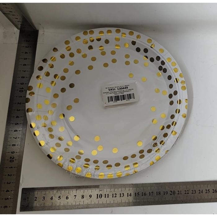 Set 10 Farfurii Unica Folosinta, , Imprimeu cu Buline, din Carton, Diametru 23 cm, Alb/Auriu