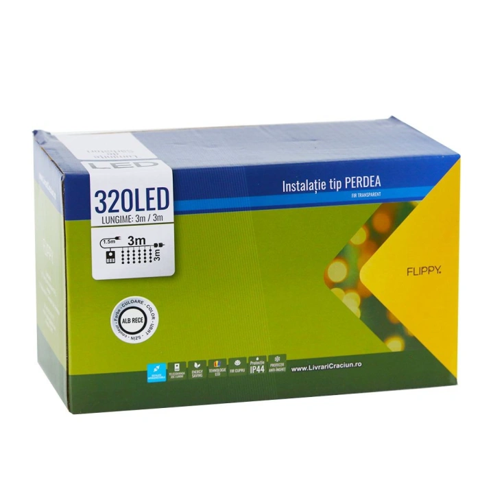 Instalatie de Craciun ® Tip Perdea, 3 x 3 m, 320 LED-uri, Interconectabila, Alb Rece
