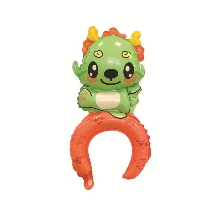 Balon din Folie Metalizata, , Tip Coronita, Model Dragon, Ambalaj Individual, Pai Inclus, Umflare cu Aer sau Heliu, 49 x 27.5 cm, Verde