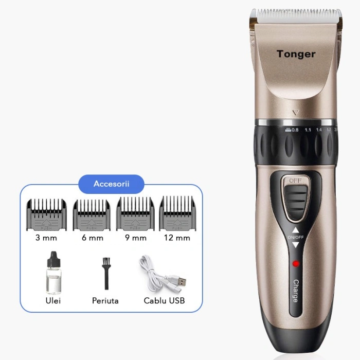Masina De Tuns Bebelusi si Copii, , Lame Cermice si Inox, Fara Fir, Functie Anti Taiere, Silentios, 50 W, 4 Accesorii, Incarcator USB, Gold Negru