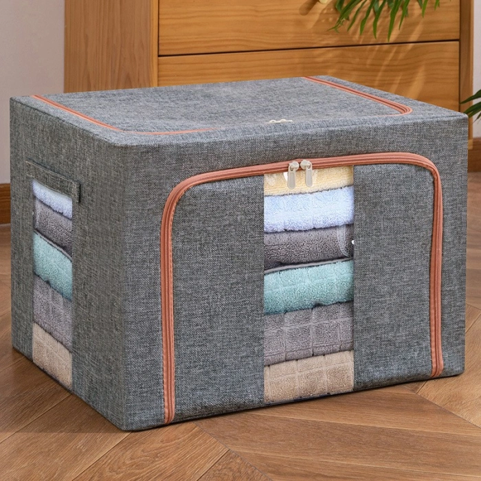 Cutie de depozitare pliabila, , Cu fermoar, 100 L, Textil, 60x42x40 cm, Cadru Metalic, Suport Baza Stabil din Plastic, Gri