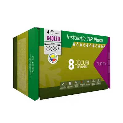 Instalatie Craciun, Tip Plasa, 8 m x 2 m, 640 LED-uri, Multicolor, 8 jocuri de lumini, Transformator cu telecomanda, Interconectabila, Prelungitor 5 m inclus, Fir transparent, 