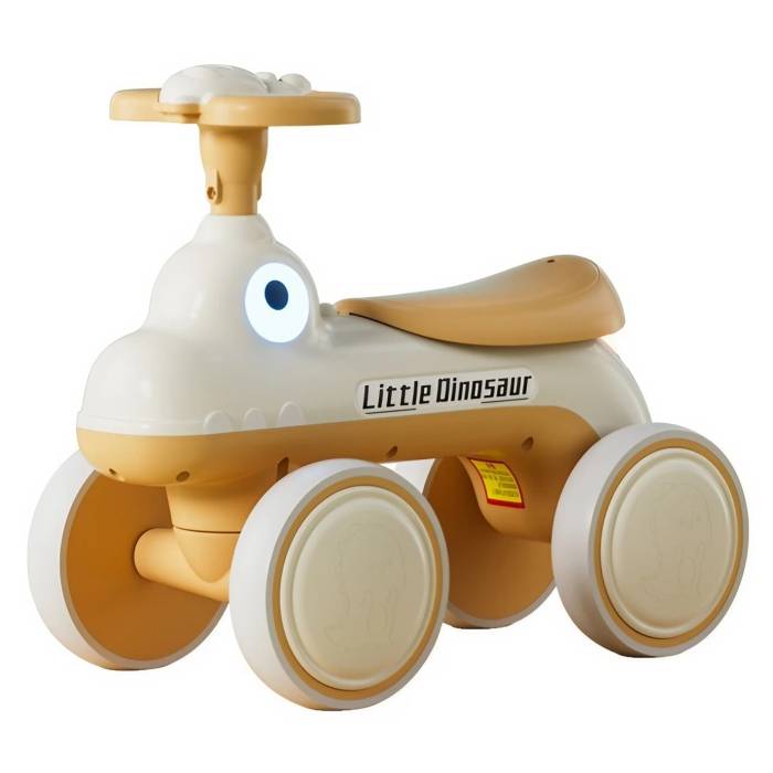 Bicicleta Pentru Copii, , Fara Pedale, Cu Patru Roti, Din Plastic Rezistent, Fara BPA, Cu Muzica Si Lumini, Model Dinozaur, 50x27x40 Cm, Galben-Mustar