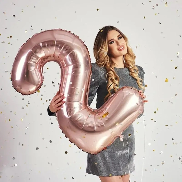 Balon din Folie , Cifra 2, 81 cm, Pentru Aer sau Heliu, Bulk, Roz Auriu