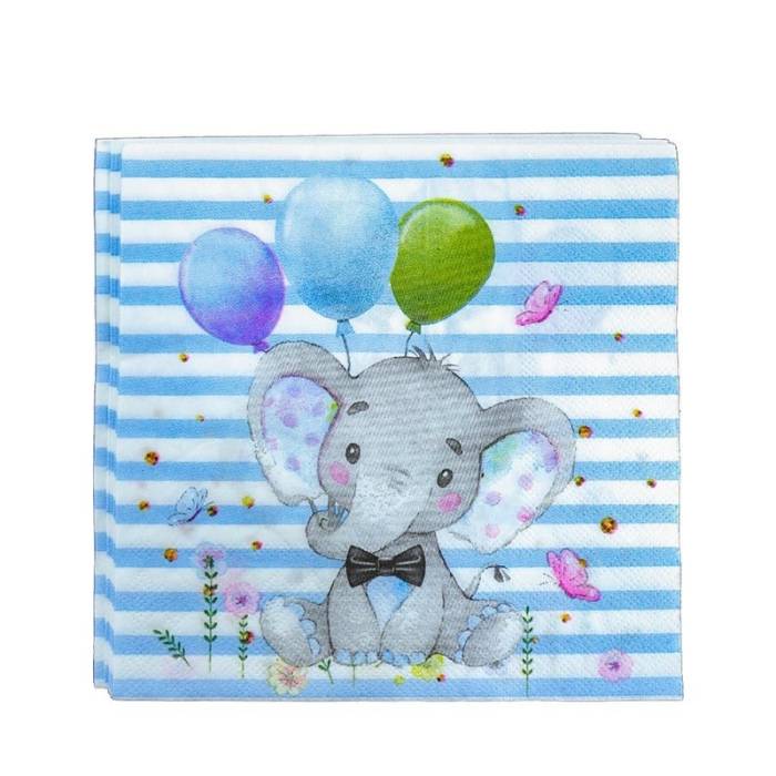 Set 20 de Servetele de Masa, , Imprimeu Elefant, din Hartie, 16.5 x 16.5 cm, Albastru